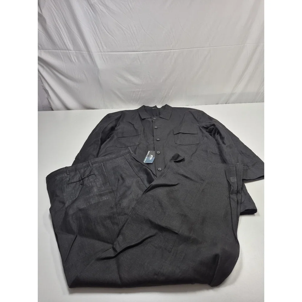 VTG Millena Suit Mens 4XL Black 100% Linen 2 Piece 49x36 Big Tall USA Summer